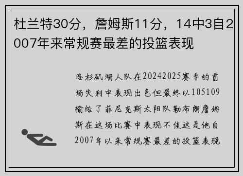 杜兰特30分，詹姆斯11分，14中3自2007年来常规赛最差的投篮表现