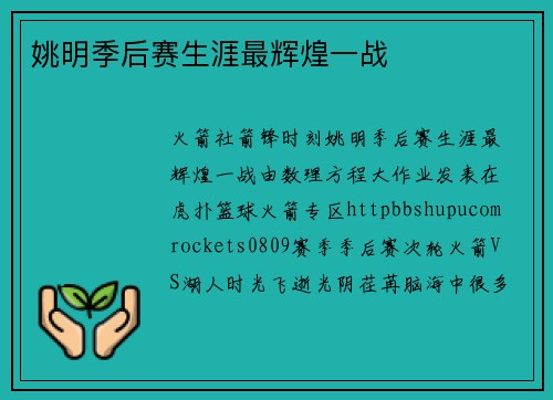 姚明季后赛生涯最辉煌一战